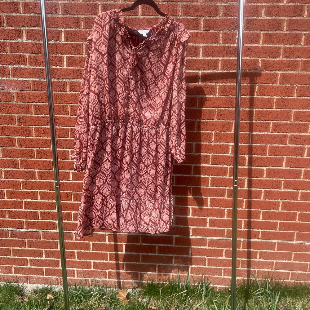 LC Lauren Conrad Red Cream Long Sleeve Sundress
